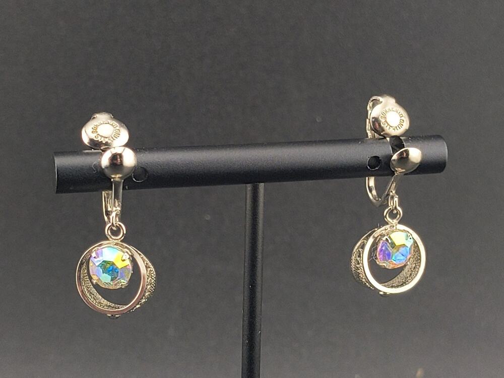 Vintage 1950s Sorrento Sterling Silver AB Crystal Filigree Screwback Earrings